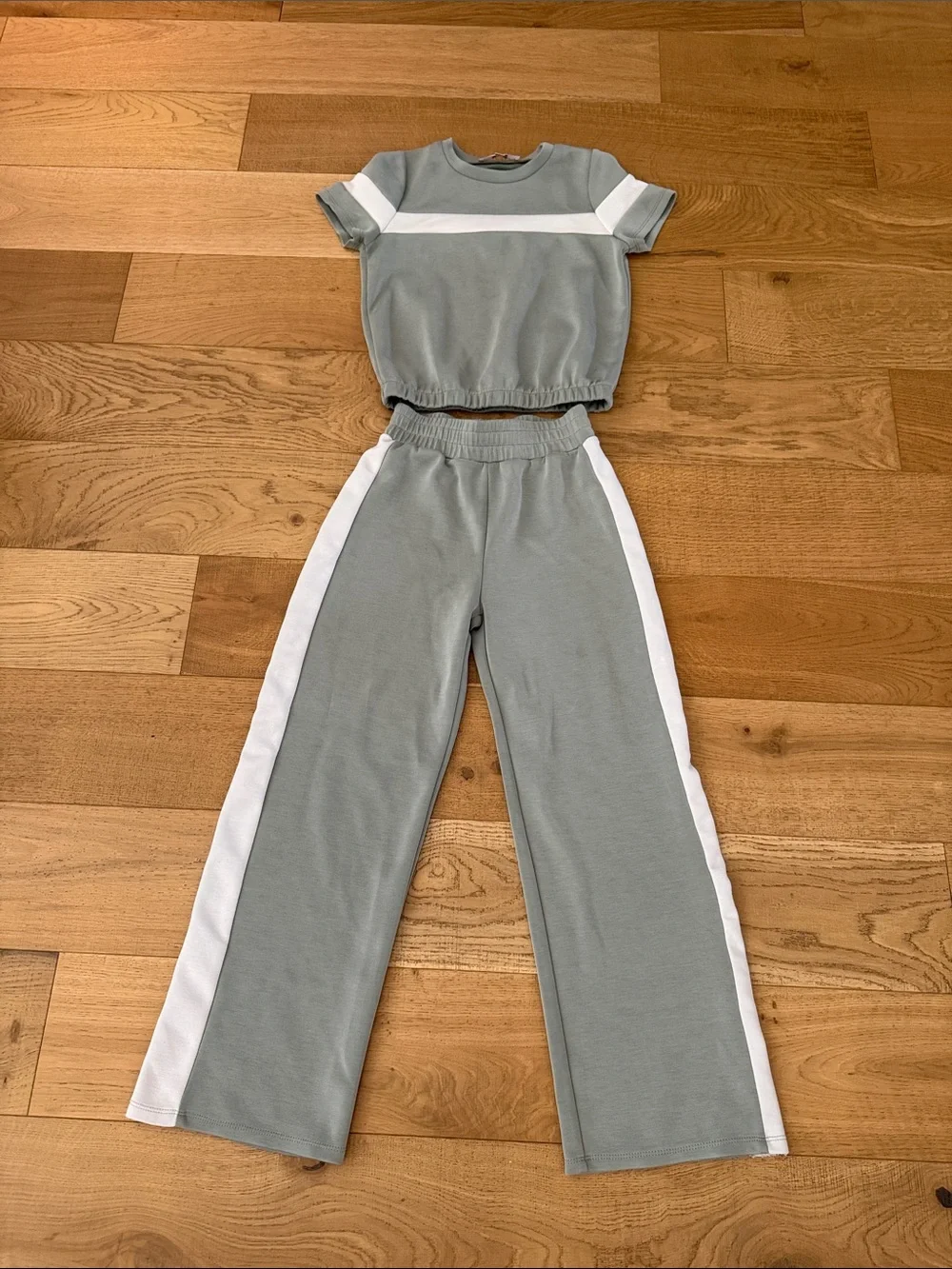 Kids Sage Green Two-Piece Set with White Stripes
